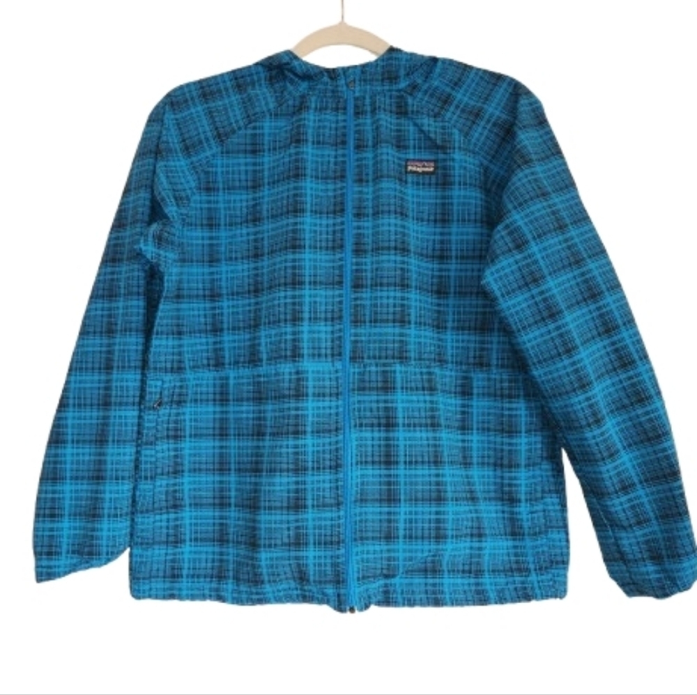 Patagonia Kids Turquoise & Black Plaid Full Zip Hooded Jacked Size XL/14 Pockets